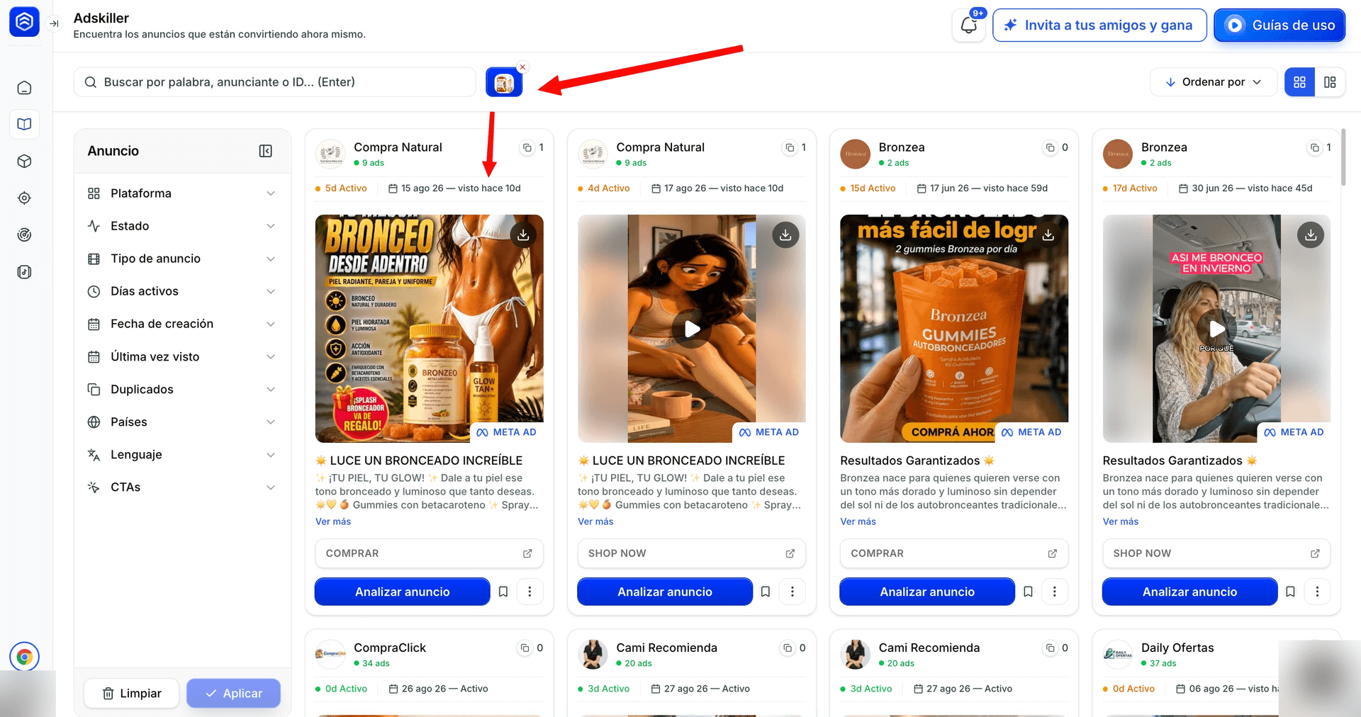 Búsqueda por imagen en AdsKiller: el producto capturado de TikTok como filtro de búsqueda