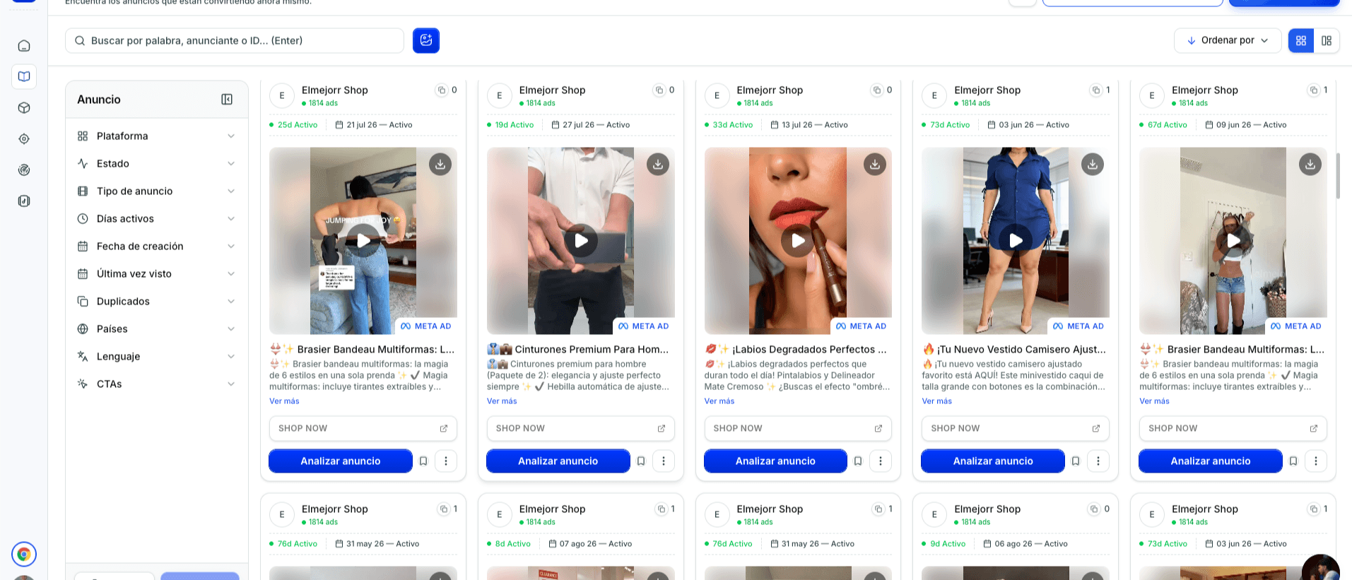 AdsKiller: biblioteca de anuncios de Facebook con filtros por plataforma, días activos y país