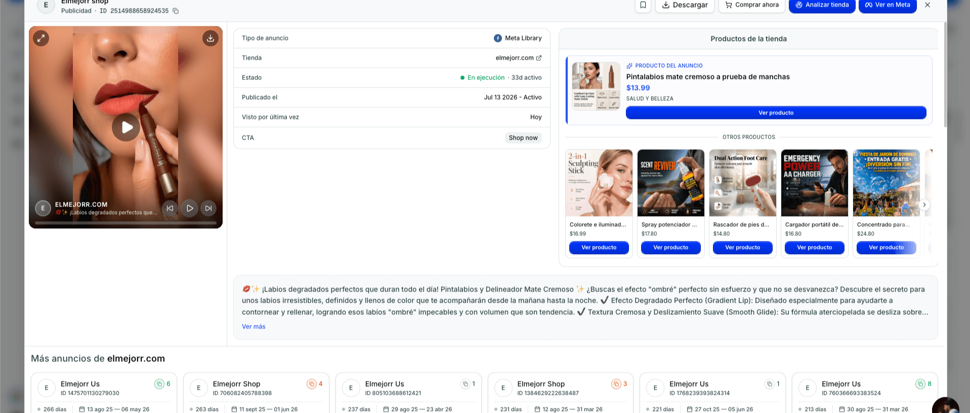 Detalle de un anuncio de Facebook conectado con su producto y datos de venta en Dropkiller