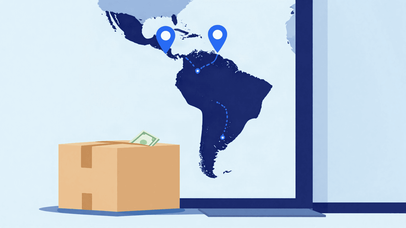 Ilustración: entrega contra entrega con rutas y pines sobre Latinoamérica